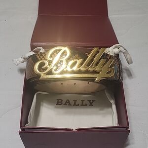 Bally Gold Logo Belt with Brown and Tan Design Snake Skin